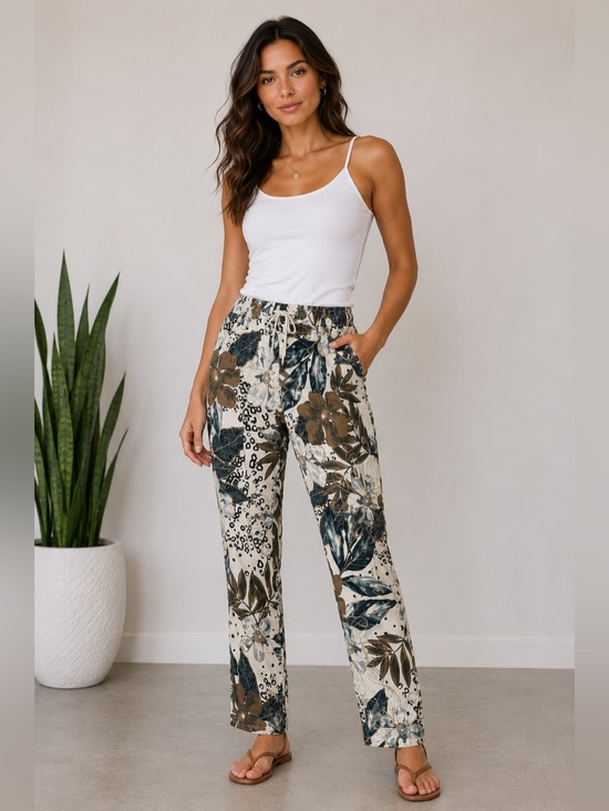 M Made In Italy Pants - Made in Italy Botanical Leaf Print Pants Elastic Waist Tapered Leg Boho Resort
